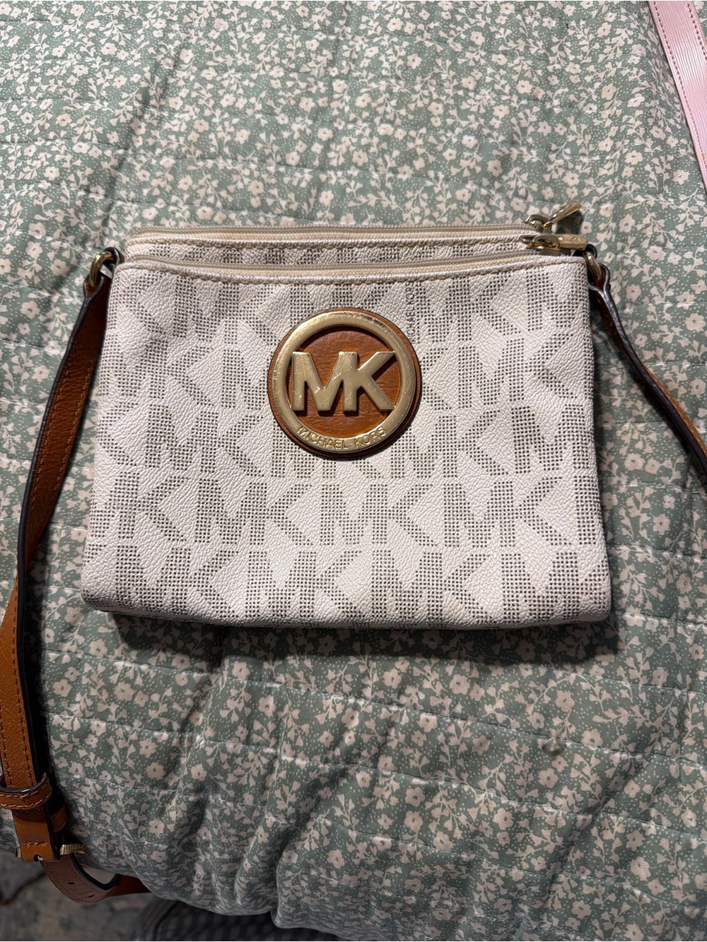Michael Kors Cream and Brown MK Logo Crossbody Bag